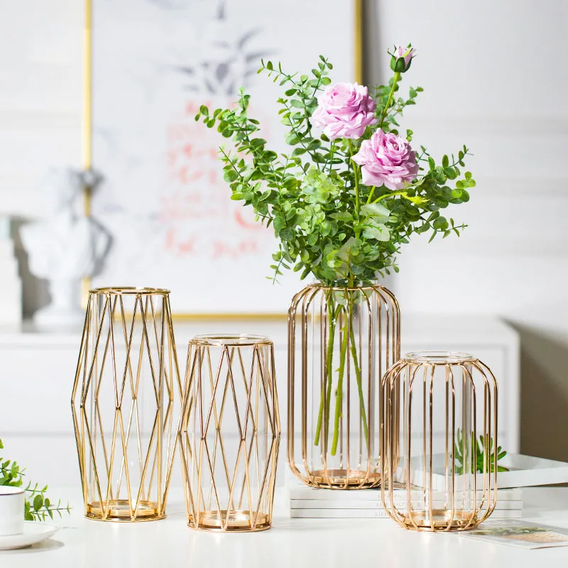 

Golden simple geometric wrought iron test tube transparent glass vase home living room flower flower decoration decoration