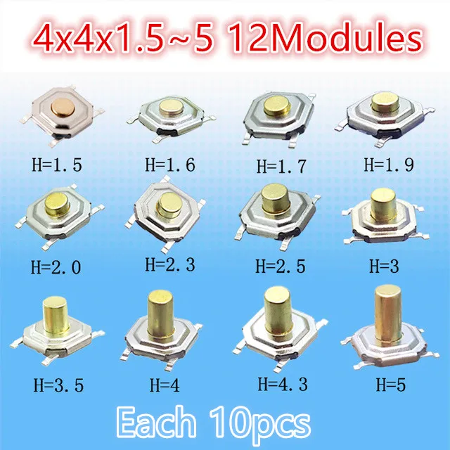 

120pcs Assorted Micro Tactile Push Button Touch Tact Waterproof Switch Kit 4x4x1.5~5 SMD 4 Pin LCD Monitor Repair SMT 4*4*1.5