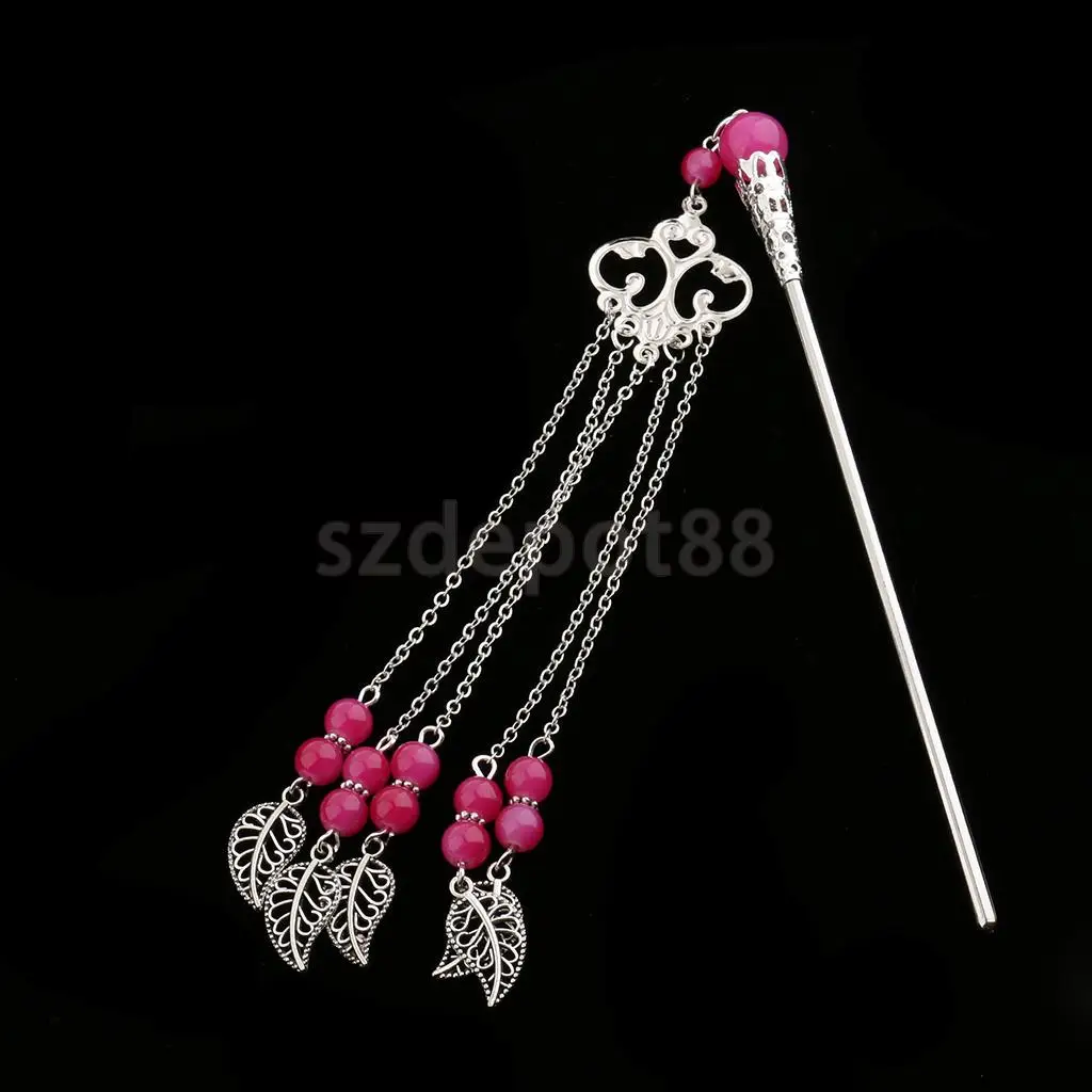 Solid Metal Tasel with Beads Stick Pin Hanfu Dress Ancient Chinese Cosplay Drama Girls Cute Hair Pin