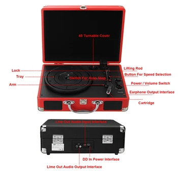 

EU Plug 33/45/78 Rpm Bluetooth Portable Suitcase Turntable Vinyl Lp Record Phone Player 3-Speed Aux-In Line-Out 100-240V(Black