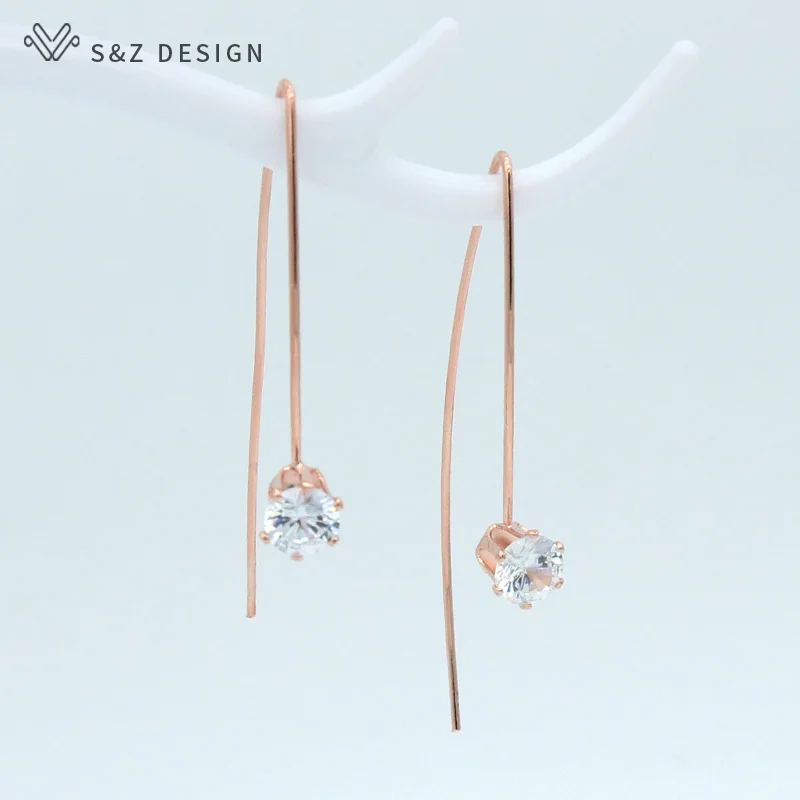 

S&Z New Classic Round Cubic Zirconia Long Curve Dangle Earrings 585 Rose Gold Japanese/Korean For Women Wedding Party Gift