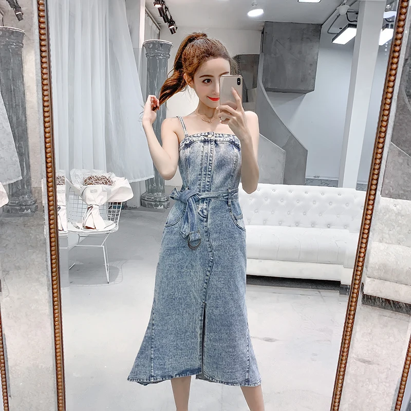 Summer Spaghetti Strap Denim Dress Women 2019 Tide Sleeveless Jeans dress Long Sundress Streetwear Irregular Slit Dresses Belted