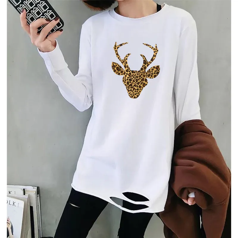 

2019 Fashion Hem Hole Round Neck Long Sleeve White Long Tshirts Casual Ladies T shirts Tops for Women C325