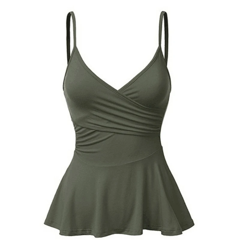 

Sexy Women Vest Deep V Neck Strap Flared Front Wrap Pleated Casual Solid Tank Top Summer Fashion