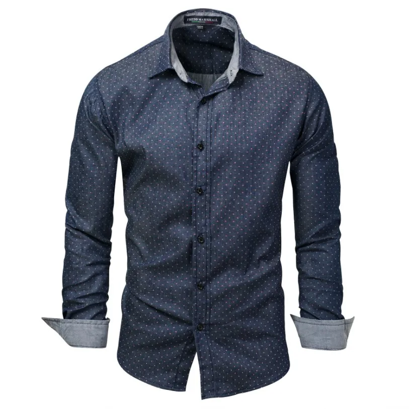 

Large size men's denim long sleeve shirt polka dot casual shirt