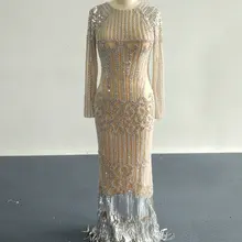 Шампанское прямые Вечерние платья с глубоким декольте одежда с длинным рукавом Пол Длина тяжелое вышитый бисером на заказ партии платья