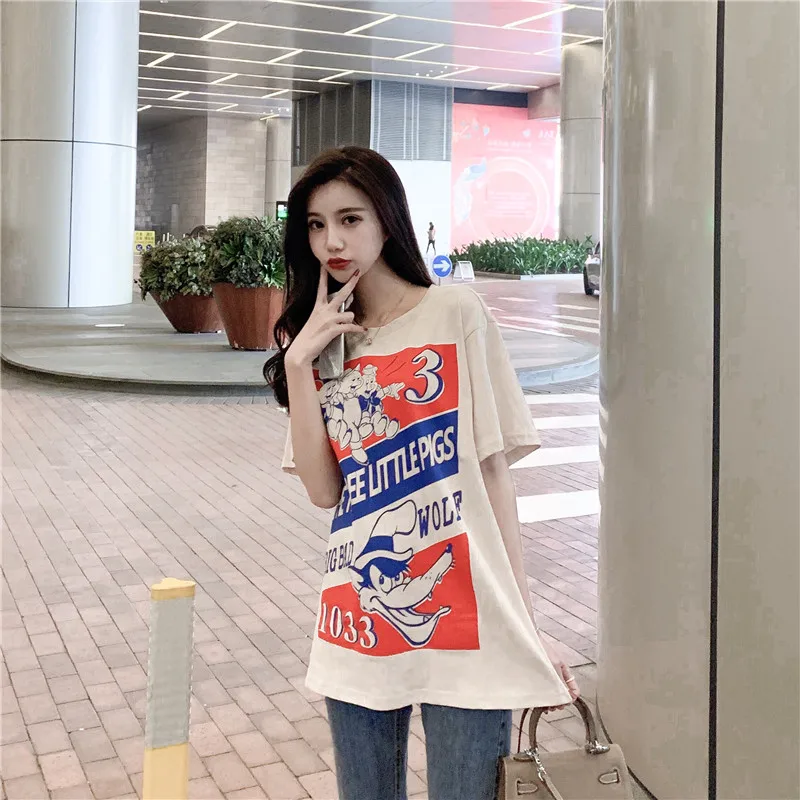 Harajuku Ulzzang Oversize tshirt мультфильм печати короткий рукав футболки корейский стиль Для женщин Свободные Летние Футболка женская Повседневное Топы