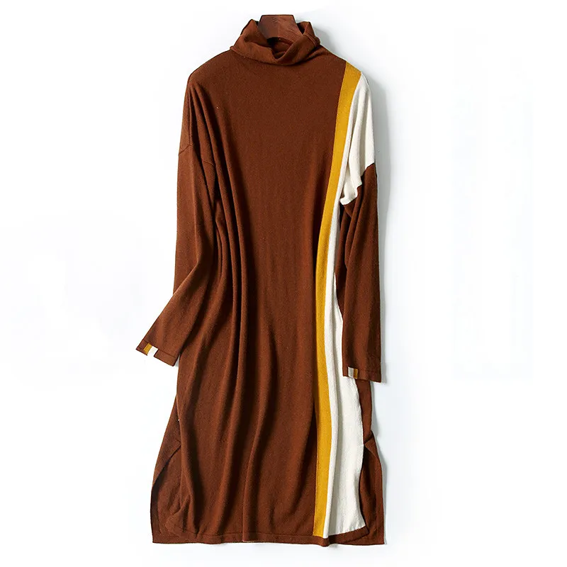 Black dk Mode Rayé Robe Couleur Green 3 Pull Patchwork 2xl Tricot Camel De 100Laine Turtlrneck Chameau Femmes Long M dark PkZiOXuT