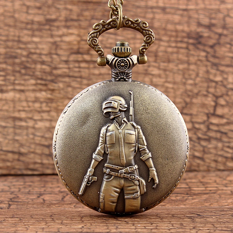 Винтажные полые красивый солдат с пистолетом кварцевые карманные часы для PUBG тема Cos стимпанк карманные часы с ожерельем брелок цепь