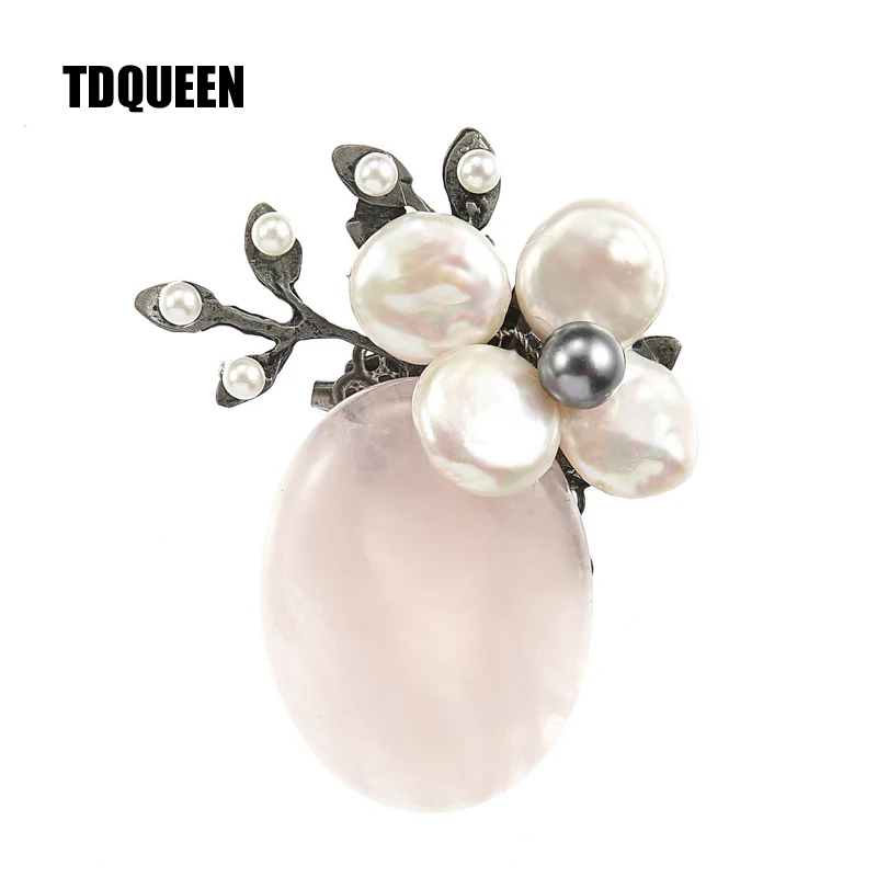 TDQUEEN Brooches Antique Silver Plated Natural Stone Broches Zinc Alloy Vintage Pin Jewelry Baroque Pearl Flower Brooch