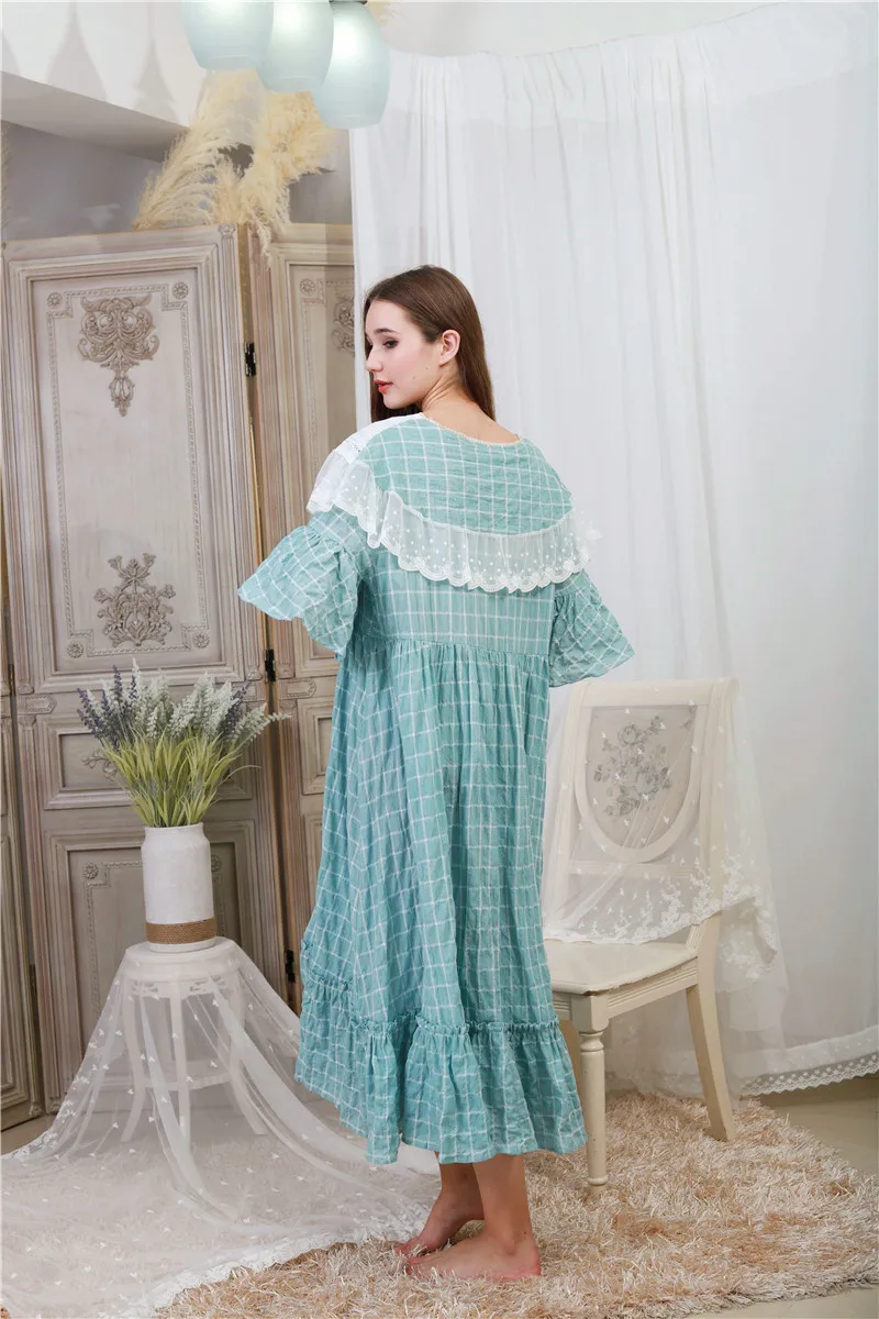 Викторианское клетчатое Ночное платье, Женская Осенняя Пижама, хлопковая длинная ночная рубашка, кружевное платье с рюшами, домашнее платье в стиле принцессы, ночная рубашка T318