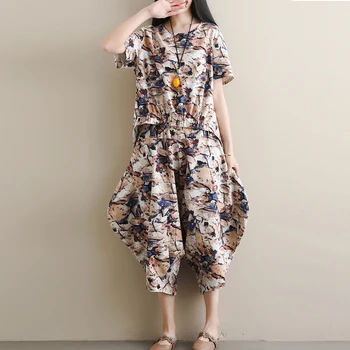 

2019 The New Summer Beach Leisure Loose Cotton and linen Tops+Wide leg Cropped trousers Two Piece Set Women Clothes Suits