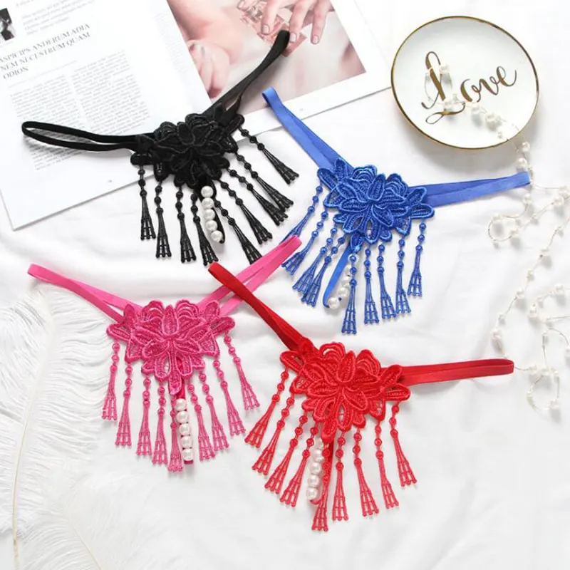 

sexy panties thong hollow female lure tassel erotic hot lingerie imitation pearl massage transparent T pants crotchless briefs