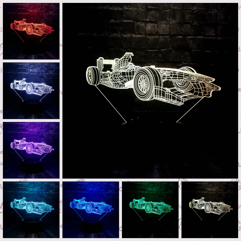 Крутой автомобиль гоночный F1 светодиодный 3d-ночник RGB Декор Спальня Свет сна 7 цветов Дистанционное управление подарок ребенку на Рождество игрушка для мальчиков