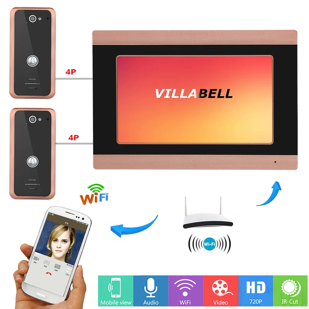 7 дюймов проводной Wifi видео дверной звонок Домофон система входа с 2 X 1000TVL камера