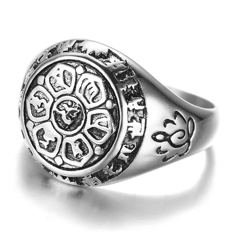 Винтажное религиозное кольцо сплав Ом Мани Падме ГУМ Лотос санскрит амулет палец кольца для мужчин женщин avalokitesvara bodhisattva панк