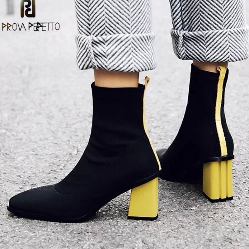 Prova Perfetto; Новинка года; стильные женские растягивающиеся ботинки; Модные женские ботильоны; цвет красный, желтый; теплые ботинки на высоком каблуке с квадратным носком