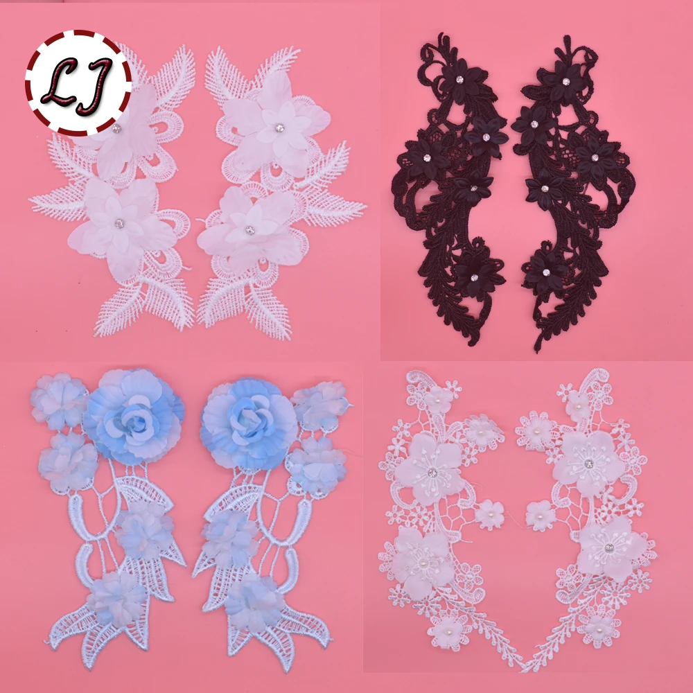 

1 Pair Rhinestones lace white Appliques 3D Flower Petal Wedding Lace Flowers Embroidered Wedding Dress Lace crafts accessory DIY