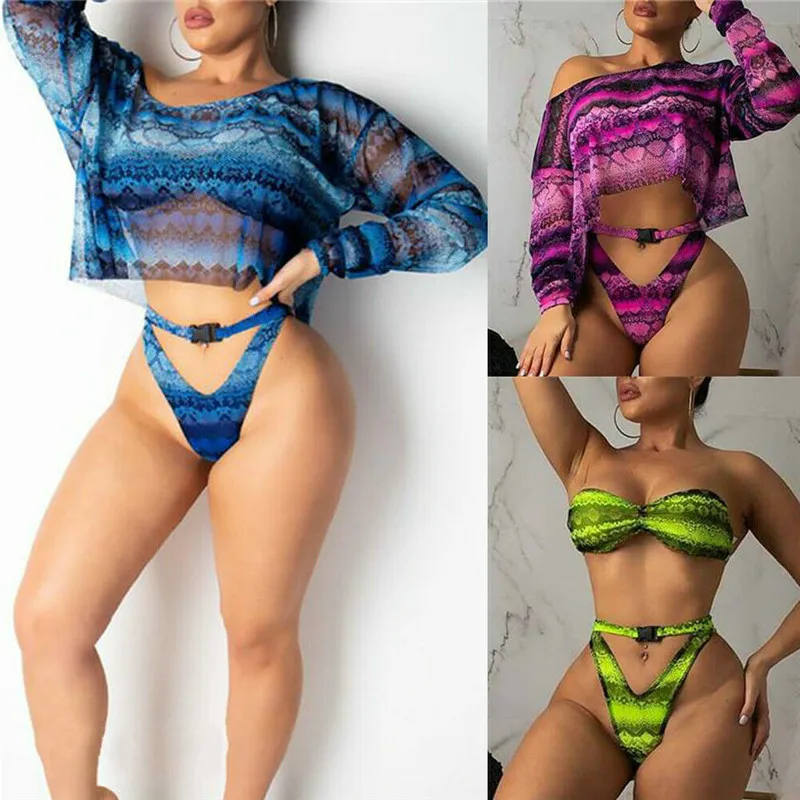 Новинка 2019 Модный женский купальник с высокой талией комплект бикини принтом