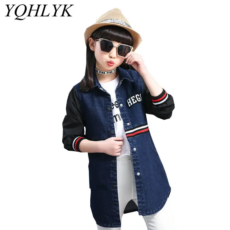 

New Fashion Spring Autumn Girls Coat 2018 Korean Children Long-Sleeve Long Sections Denim Jacket Casual Joker Kids Clothes W155