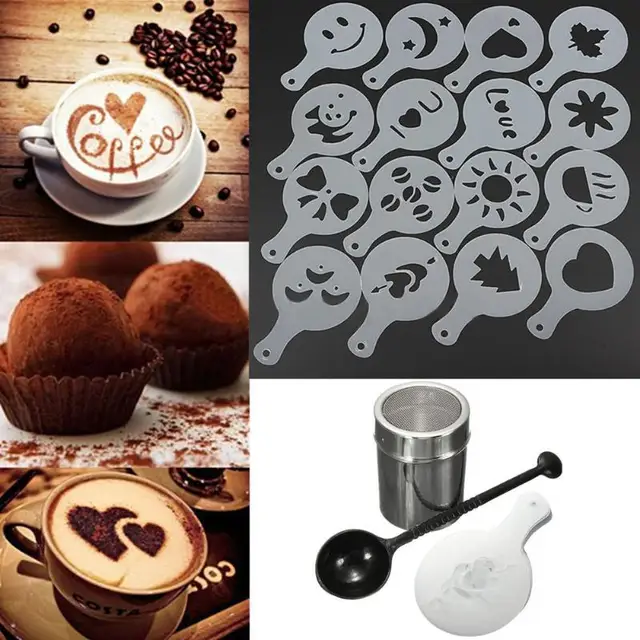 Special Price Tea Coffe Frothing Tool Set Coffee Shaker Chocolate Duster 16pcs Frothing Milk Stencils For Cappuccino Latte Measure Spoon