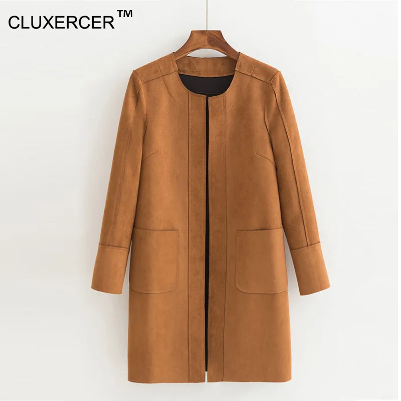 

CLUXERCER Brand Casual Long Solid Faux Suede Women's Trench Girls Frosted Open Stitch Cardigan Long Sleeve Cardigan Outerwears