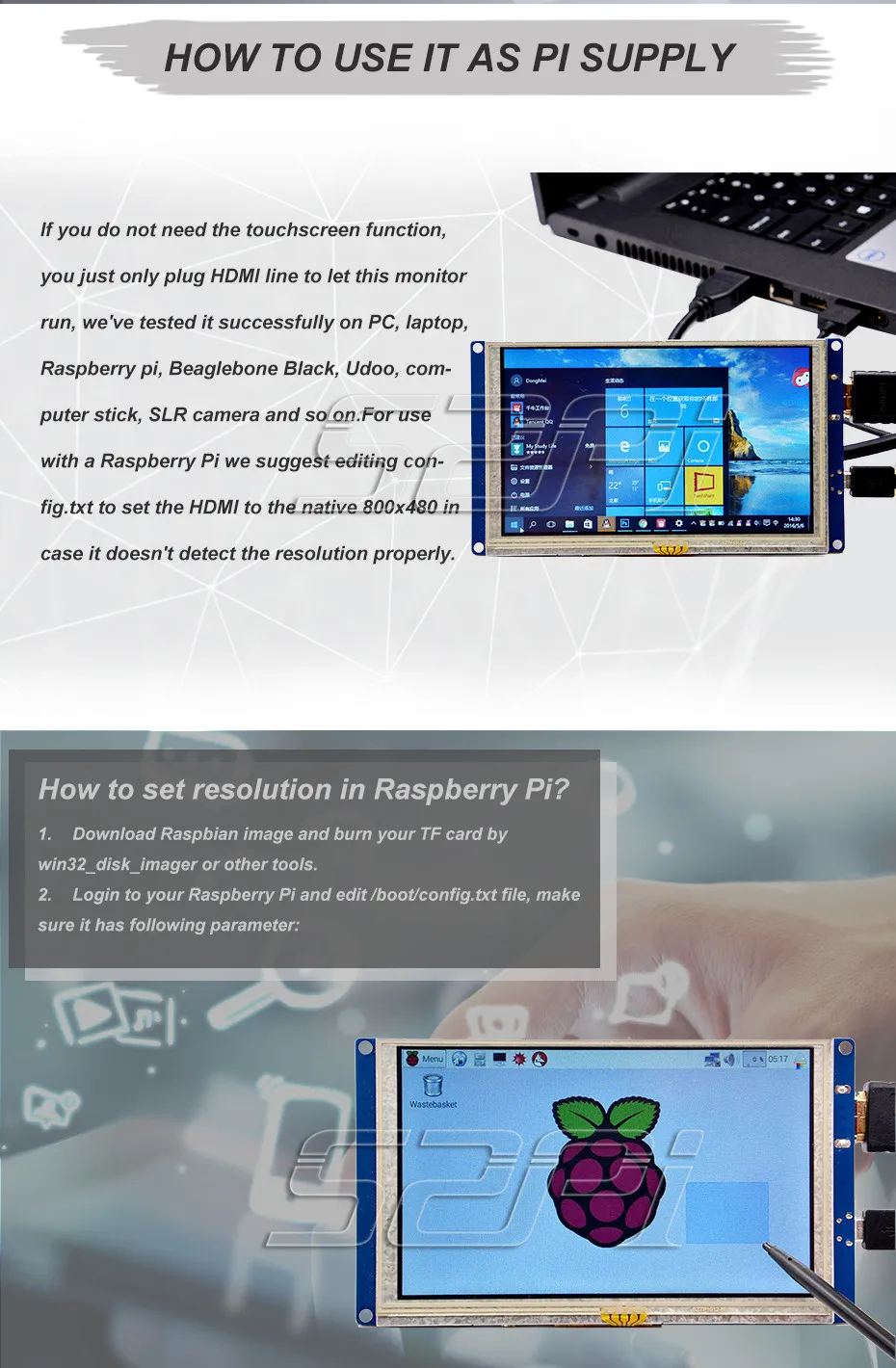 52Pi Бесплатный драйвер 5 дюймов 800*480 TFT lcd HDMI сенсорный экран дисплей для Raspberry Pi 4 B/2B/3B/3B Plus(3B+)/PC Windows