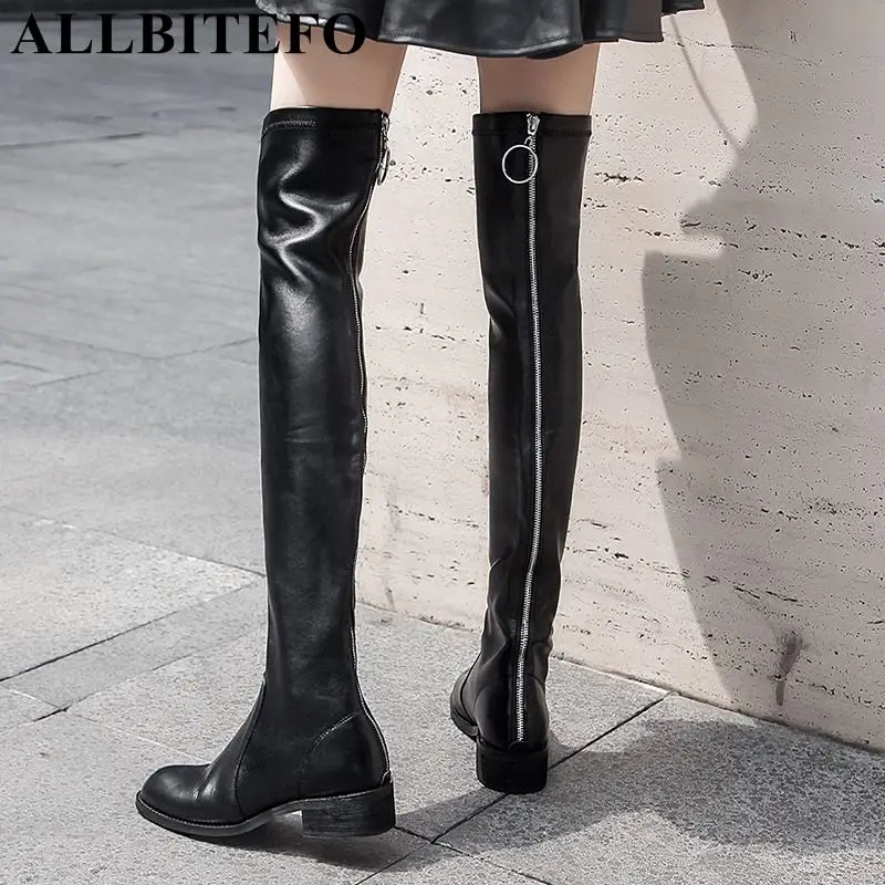 

ALLBITEFO fashion zipper design genuine leather +Elastic material women boots girls sexy over the knee boots thigh high boots