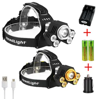 

15000 LM 5X T6 LED USB Headlamp Zoom 2X18650 Head Torch +AC/Car Charger