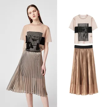 

New summer of 2019 joker thin loose round collar turtleneck sweater female coat pleated skirt suit SA0401