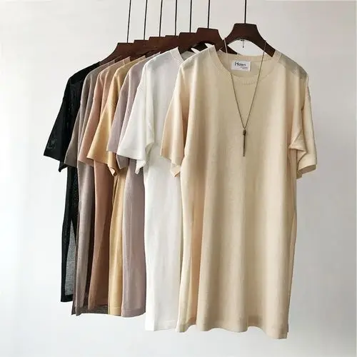 SuperAen, корейский стиль, вязанная футболка для женщин, сплошной цвет, дикая повседневная женская футболка, летняя Новинка, женская одежда с коротким рукавом - Цвет: beige