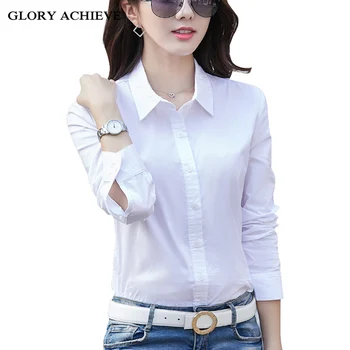 

White womens Tops and Blouses Cotton Turn-down Collar Long Sleeve Plus size Women Blouse Autumn Women Workwear Shirt