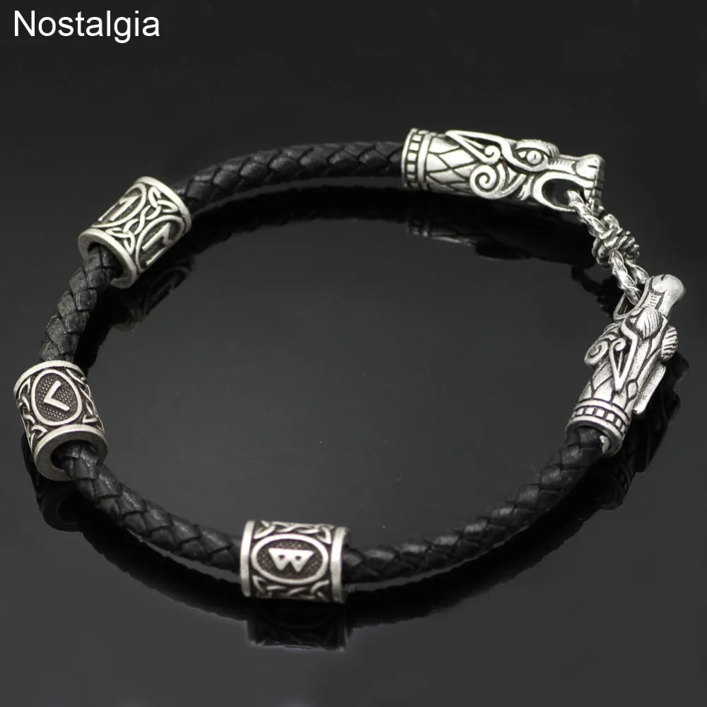 

Nostalgia Dragon Heads Nordic Runes Beads Viking Bracelet Bangles Men Vikings Accessories Talisman Wicca Vikingo Punk Jewelry