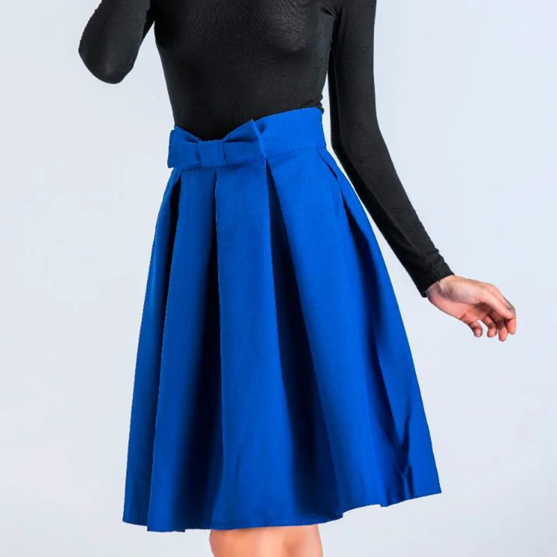 

2018 Hot Elegant Women Skirt High Waist Knee Length Skirt Vintage A Line Big Bow Red Black Side Skater Skirts