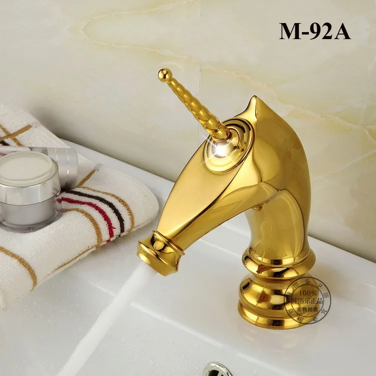 Смеситель для раковины, уникальная мода, для ванной комнаты, конский кран, золотой, латунный, на бортике, одинарная длинная ручка, смеситель для туалета, M-92