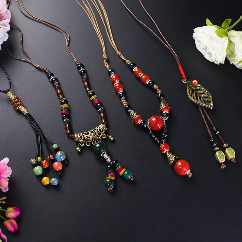 

Sweater chain long simple natural ceramics necklace tibetan style antique Folk Style Pendant ethnic women accessory