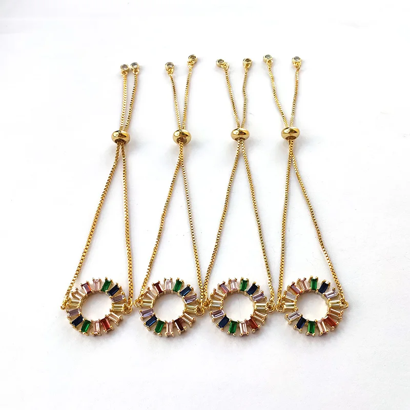 

5Pcs Rainbow Cubic Zirconia Circle Charm Bangle Pave cz Stone Round Crystal Chain jewelry bracelet for women girl gift BG301