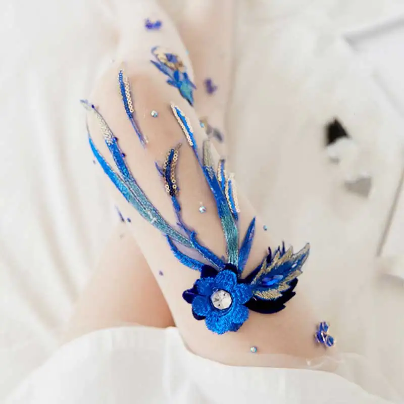 

Girls Sexy Lace Patchwork Lolita Stocking Embroidery Blue Flowers Pantyhose Women Floral Tights Autumn Winter Thick Thermal