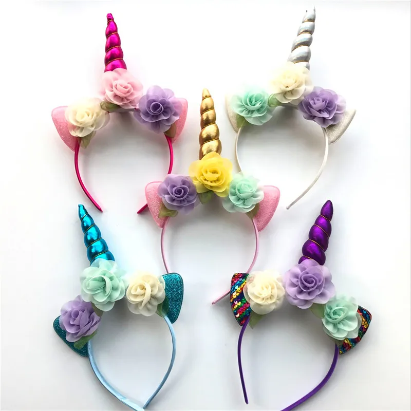 

2018 Glitter Metallic Headband Girls Chiffon Flowers Hairband For Kids leaf flower Horn Party Hair Accessories