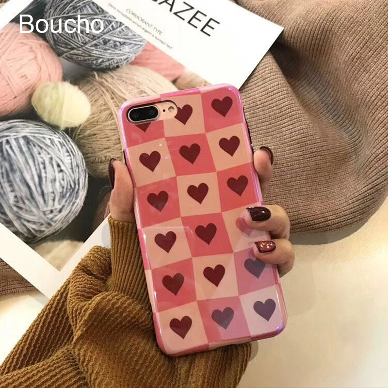 Boucho Blu-ray Glossy Phone Case For iphone 8 Cases X 6 6s 7 Plus Soft Silicone Lattice Love Heart Pattern Back Cover |