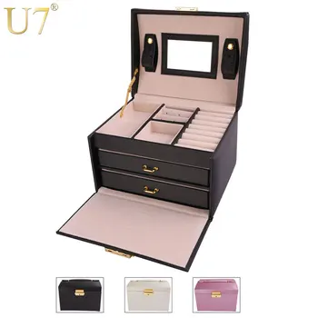 U7 Women Jewelry Storage Organizer Drawers Box Travel Makeup Cosmetic Case & Mirror Leather Wedding Decoration Gift For Her OB05