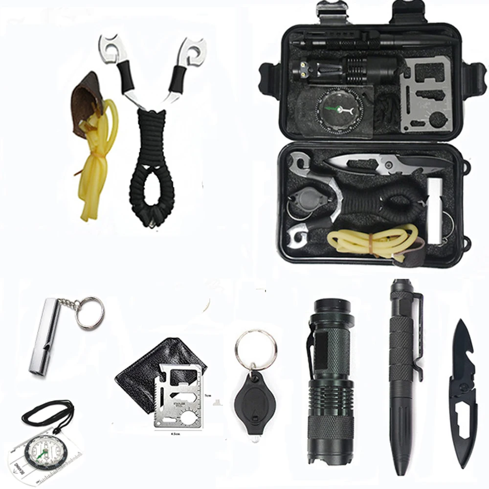 Billige Camping 10 in 1 überleben kit Set outdoor tourismus Multifunktions Erste hilfe SOS EDC Notfall selbstverteidigung für überleben box