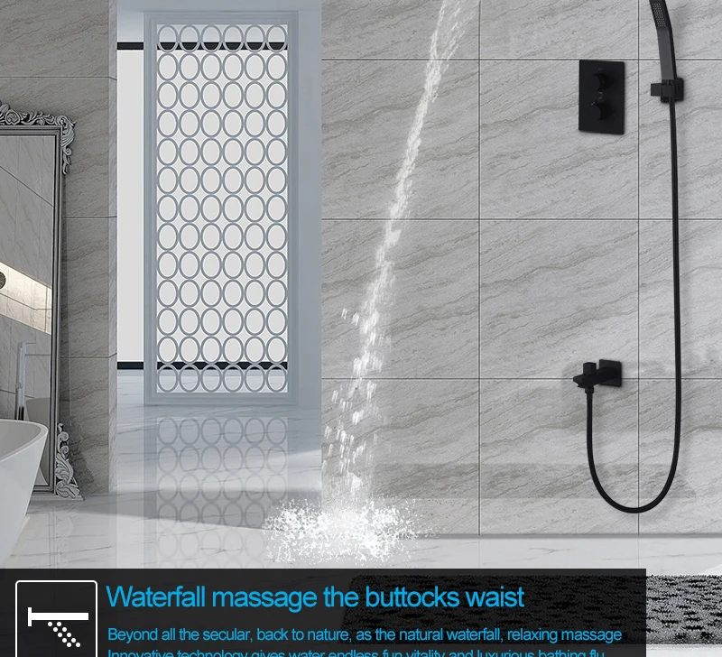 hm Luxury Thermostatic Waterfall Rain Shower Head & Hand Shower Set in Solid Brass Black Bathroom Faucet Wall Mounted System (9)