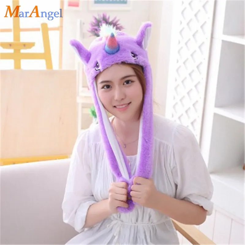 

Funny Plush Moving Unicorn Ears Hat Hand Pinching Ear To Move Vertical Ears Cap Kids Gilrs Women Party Stage Performance Gifts