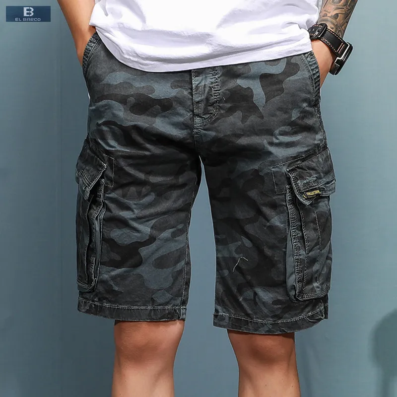 EL BARCO Summer Cotton Camouflage Casual Shorts Men Knee Length Pocket ...