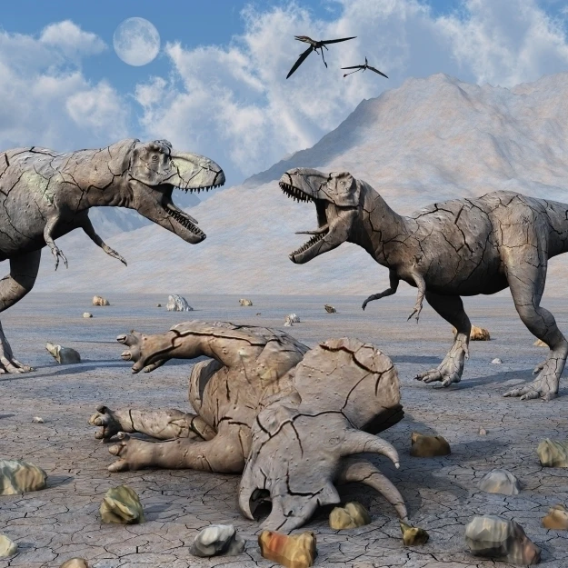 Petrified Tyrannosaurus rex and Triceratops dinosaurs Poster Print (18 x 11)