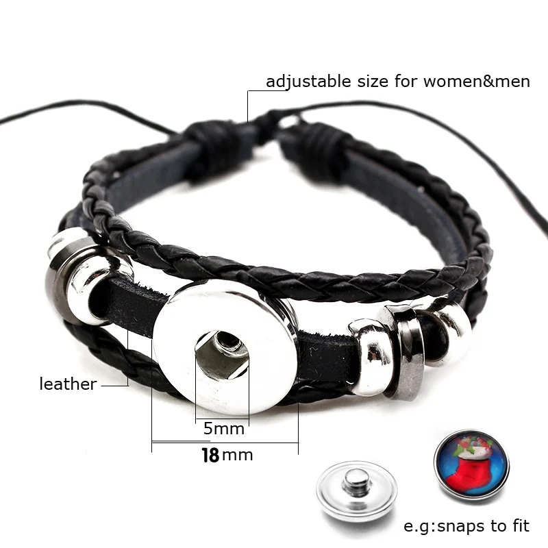 Snap Leather Bracelet Retro Handmade Braided Leather Snap Button Bracelets & Bangles 10pcs Fit 18mm Jewelry
