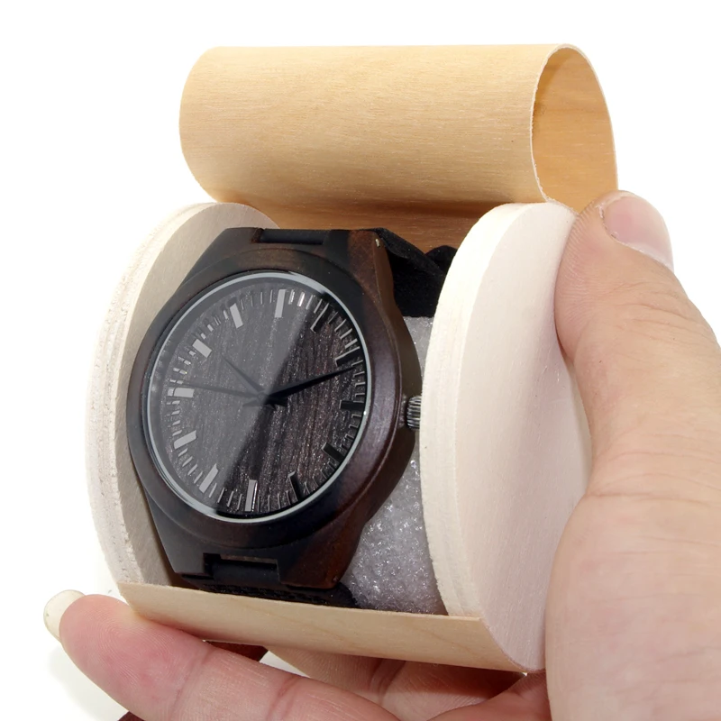 BOBO BIRD V-D26 Mens Black Ebony Wooden Watch Wood Dial Leather Strap Quartz Watches erkek kol saati in Gift Box relojes hombre