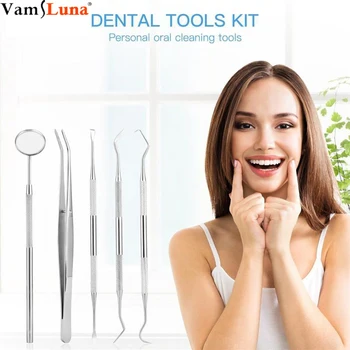 

5 PCS/SET Dental Tools Tooth Cleaner Stainless Steel Mouth Mirror Tweezers Dental Probe Tartar Scraper Sickle Scaler Hygiene Kit