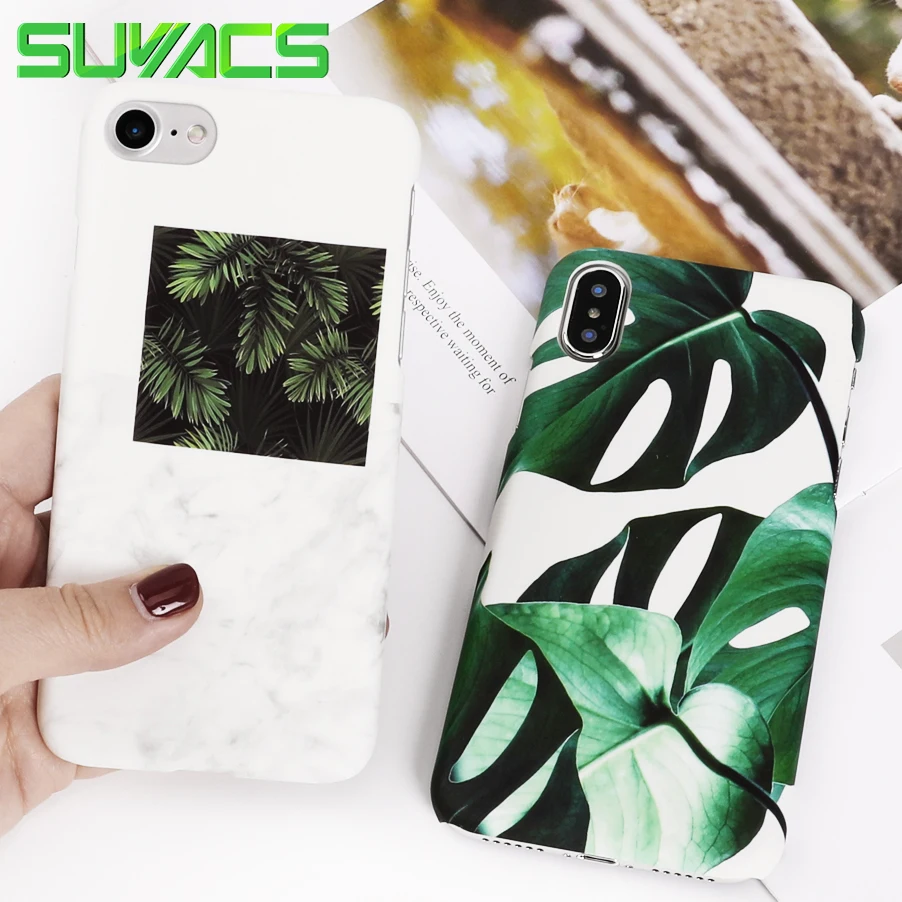 

SUYACS Phone Case For iPhone 6 6S 7 8 Plus X Cute Green Leaves Matte Hard PC Graphic Phone Cases Cover Fundas Shells Bag Coque